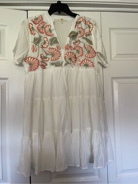 entro White Tiered Dress with Coral and Olive Floral Embroidery